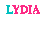 Pixelated text "LYDIA" in pink and cyan with animated heart and particle effects on white background.
