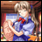 Pixelated anime-style character with light brown hair tied with blue ribbon, wearing blue dress with red bow, standing against warm-toned background with visible text "Anime IM" and "c0m".