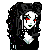 Pixel art of a gothic character with black hair, red eyes, and green lips in three showing head, torso, and legs