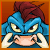 Pixelated blue creature with maroon topknot, yellow eyes, and white tusks, shown in four with mouth and hand movements against orange background