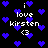 Pixelated black background with scattered blue hearts and repeated white text 'i love kirsten <3' in a pattern