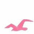 A pink, stylized bird-like shape with curved wings and a tail, set against a white background with faint light blue and pink pixel noise.