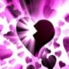 A static image featuring a large dark purple heart with a white crack at its center, surrounded by smaller pink and purple hearts on a white background with radiating light effects.