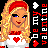 Pixelated cartoon woman with blonde hair and red headband winking, holding white heart-shaped object against black background with vertical text.