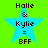 Four identical blue star-shaped icons with text 'Halle & Kylie = BFF' on a bright green background, arranged in two of two