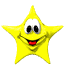 Yellow star-shaped character with red mouth and black eyes, shown in two where the left eye closes into a wink