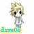 Pixelated chibi-style character with spiky blonde hair, black eyes, and a neutral expression, wearing a gray jacket over a white shirt and blue pants, standing against a white background with blue text below.