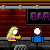 Animated bar scene with repeated characters, speech bubbles, and a text box with a humorous phrase.