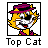 Pixelated cartoon cat character with yellow fur, purple hat and pants, black eyes, white face, red mouth, and visible dithering on a white background beneath "Top Cat" text.