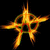 A pixelated abstract shape with radiating arms in warm yellow, orange, and red tones against a black background.