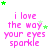 repeated text "i love the way your eyes sparkle" in pink pixelated font with green stars scattered across a white background
