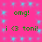 A static image with a bright pink background featuring repeated light blue square patterns and green text reading "omg!" and "i <3 toni!" in pixelated font.
