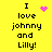 Yellow background with black text reading "I love johnny and Lilly!" in four identical , each featuring a different pink pixelated symbol above the first 'I'