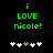 Green pixelated text 'i LOVE nicole!' on black background with five heart symbols below, two versions showing different heart positions.