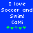Blue background with white pixelated text reading "I love Soccer and Soccer and Swim! Cami" followed by green plus signs, two of which are gray in the second view.