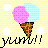 Pixelated ice cream cone with pink and light blue scoops on a yellow checkered background, white clouds, and black text reading YUM!!! below.