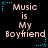 Pixelated text "Music is My Boyfriend" arranged in a with blue star and dot decorations on black background