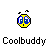 Pixelated yellow smiley face icon with blue eyes and black outline, two small curved lines above head, positioned above the text "Coolbuddy" on a gray background.