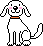 Pixel art dog with pink cheeks and orange collar in two expressions: one with closed mouth, one with open mouth showing red tongue.