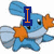 Pixelated blue fish-like creature with orange fins and star-shaped markings, shown in three sequential poses with changing text overlays.