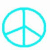 Five pixelated peace sign icons in cyan, green, magenta, purple, and yellow arranged in two on a white background with a gray rectangle partially visible at the bottom right