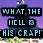 A pixelated image shows a dark blue, hooded figure with an open mouth against a purple background and green-yellow ground. Light blue text reads "WHAT THE HELL IS THIS CRAP!" in three black rectangular blocks.