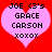 Two identical pink heart-shaped icons on red background with black pixelated text reading JOE (3's GRACE CARSON XOXOX.