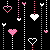 Pixel art icon featuring multiple pink and white heart shapes suspended by dotted lines against a black background.