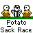 Animated contact sheet of 15 frames showing a yellow stick figure character in various running and sack-race poses with repeated text labels below each frame.