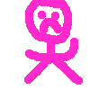 Pink stick-figure characters with varied expressions and poses on a gray background, including one standing on a pink block.
