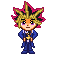 Pixel art character with spiky yellow and pink hair, purple eyes, blue suit, white shirt, brown tie, standing against gray background.