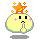 Pixelated character with yellow rounded head, black square eyes, pink cheek marks, and closed mouth; orange star on top with small orange sparkles.