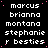 A static digital image displays repeated text in white pixelated font on a black background with scattered pink dots, featuring four of identical names and phrases