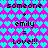 Pixelated text and heart symbols on a pink-and-cyan background with repeated 'someone + emily = Love!!!' phrases.