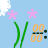 Pixelated icon with light blue background, two pink star-shaped flowers on green stems, and an orange butterfly-like shape with black accents.