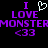 Static pixel art displays purple text and symbols on black background with white heart symbol replacing 'love' in 'I love MONSTERMONSTER <33'.