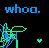 Blue pixelated text 'whoo.' appears above a green and blue abstract shape with a small heart on black background.