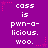 Purple background with white pixelated text reading 'cass is pwn-a-licious. woo.' repeated in a pattern, surrounded by pink star and dotted line decorations