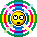 Four circular pixel art icons with a central yellow face showing different expressions, surrounded by concentric rings of green, blue, purple, pink, white, and red pixels.