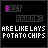 Pixelated text-based icon set with multiple variations of 'BEST FRIENDS' and 'ARE LIKE LAYS POTATO CHIPS', plus 'YOU CAN NEVER HAVE JUST ONE' in white, pink, orange, and purple on black background.
