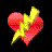 Red heart with yellow lightning bolt transitions through multiple orientations against black background.