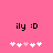 Pink background with black text 'ily :D' and five white/pink pixelated hearts below, two versions showing heart animation.