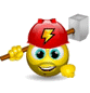 Animated yellow cartoon character wearing red hard hat with white lightning bolt, holding silver hammer in right hand and yellow object in left hand.