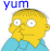A 47x47 pixel animated contact sheet showing two frames of a cartoon character with yellow skin and blue shirt, each frame displaying different text above the head.