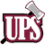 Maroon and white pixelated icon with stylized 'U' and 'D' letters, a gray hammer, and a black outline on white background.