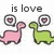 Animated sequence of pink and green dinosaurs with heart speech bubbles, displaying text phrases about love's extinction.