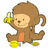 Pixelated brown monkey with orange chest patch holds yellow banana, stands on yellow feet against white background, next to cyan with pink text