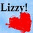 Static image with light blue background, two 'Lizzy!' text instances in dark gray serif font, and a large red heart shape below the left text.