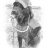 Pixelated grayscale image of a duck-like figure with dark head and body, light beak, white chest band, standing on two legs against plain background.