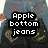 Pixelated image showing dark blue jeans with yellow stitching and a person wearing them, overlaid with text reading "Apple bottom jeans".